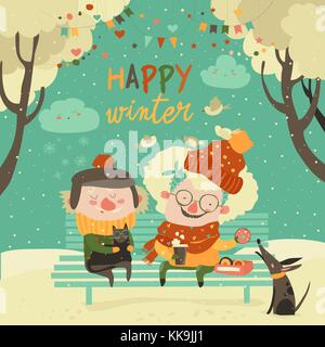 Funny grandmother and grandfather sitting with cat and dog in winter park Stock Vector