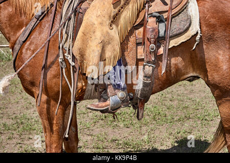 Cowboy wearing traditional Western gear mounted on a horse in a close up view of his leg in leather fringed leggings and boots with spurs Stock Photo