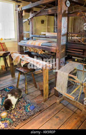 An important exhibit in Trowbridge museum showing a Cottage weaving loom one of many which supplied the woolen mills of England Stock Photo