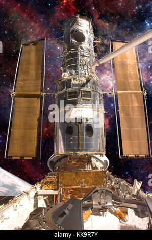 The Hubble Space Telescope. Elements of this image furnished by NASA. Stock Photo