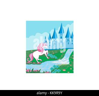 Fairytale landscape with magic castle and beautiful unicorn Stock Vector