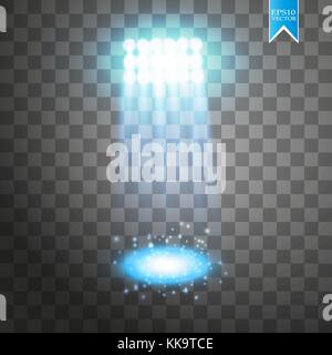 Blue vector spotlight light effect on transparent background. Concert scene with sparks illuminated by glow ray. Stadium projector. Show room Stock Vector