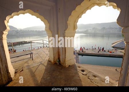 The ghats at the sacred Pushkar Lake,Rajasthan,India Stock Photo