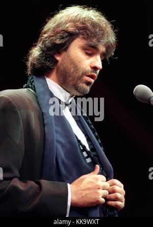 The Italian tenor Andrea Bocelli on stage in Hanover, pictured on 8th June 1997. The blind vocalist is getting into trouble with tax fraud investigation, according to a statement of the Ministry of Finance in Rome. | usage worldwide Stock Photo