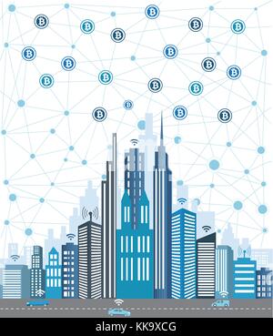 Bitcoin concept and network of connected icons.Business financial network city background.Global business connection concept. Stock Vector