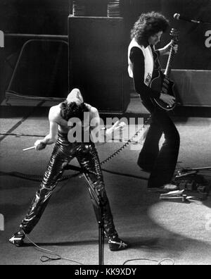 Lead singer Freddie Mercury (front) in action, to his right guitarist Brian May. The successful British band 'Queen' started their tour across Germany in Hamburg on the 17th of January in 1979, which led them through further eleven cities. | usage worldwide Stock Photo