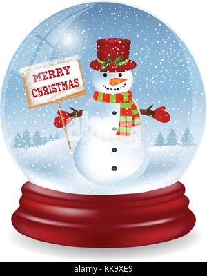 Snow Globe with a cute snowman and a Christmas tree on a white background Stock Vector