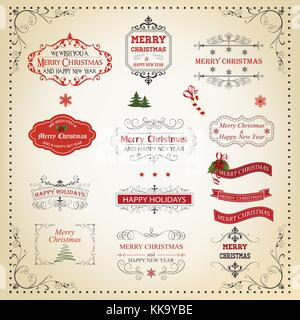Christmas And New Year Calligraphic And Typographic Design Elements, Page Decoration, Labels, Symbols And Icons Elements Stock Vector