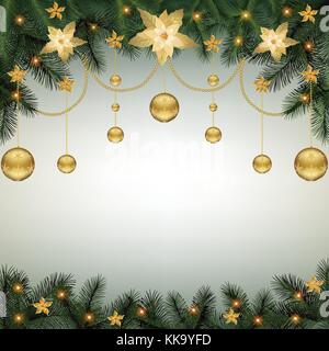 Christmas background with fir branch border Poinsettia flowers and decorative elements.Christmas border Stock Vector