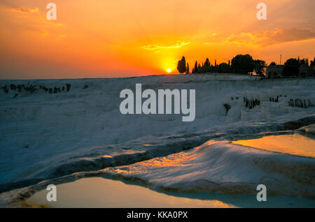 Sunset over the travertines of Pamukkale, Turkey Stock Photo