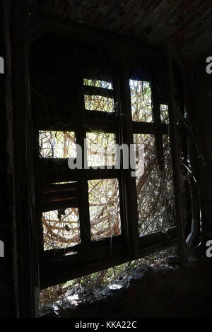 Photo of a creepy window inside an old abandoned villa in Lecco, Italy Stock Photo