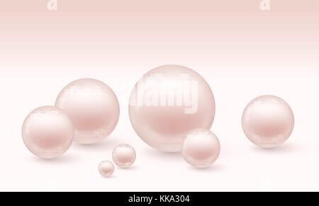 Set of pink pearls with reflection and shadow isolated on white pink background - vector Stock Vector