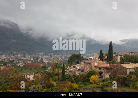 View of Biniaraix, a small village in Soller Valley surrounded by the Serra de Tramuntana mountains. Majorca, Spain Stock Photo