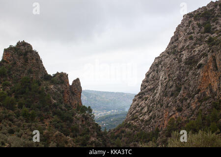 View of Biniaraix Ravine and Soller Valley surrounded by the Serra de Tramuntana mountains. Majorca, Spain Stock Photo