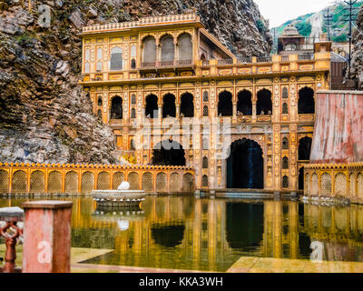 Galta Ji Mandir temple reflected in its holy water tanks, India Stock Photo