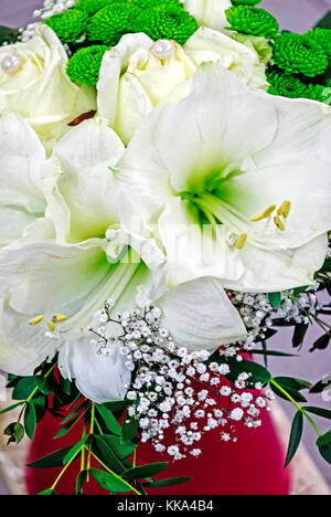 White Amaryllis and roses in a red vase Stock Photo