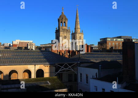 Towers of Christ Church and All Saints beside St Nicholas Market, Bristol city centre, early morning November 2017 Stock Photo