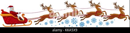 Santa Claus rides in sleigh with reindeer. Christmas, xmas, new year concept. Cartoon vector illustration Stock Vector