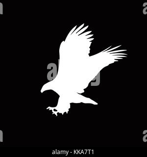 White silhouette of eagle  isolated on black background. Vector illustration, clip art, icon, sign, symbol of eagle for design. Stock Photo