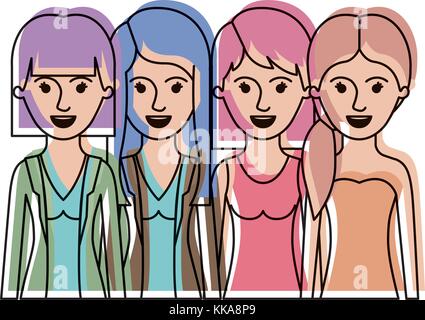 women in half body with casual clothes and long and short hair and hairstyle mushroom layered and pigtail in watercolor silhouette Stock Vector