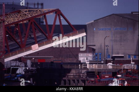 Drypool Bridge, Hull, raised during the 1980s with some barges on the River Hull, UK, Kingston upon Hull Stock Photo