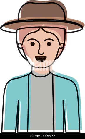 man half body with hat and jacket with short hair in watercolor silhouette Stock Vector