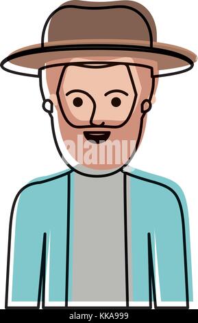 man half body with hat and jacket with short hair and beard in watercolor silhouette Stock Vector