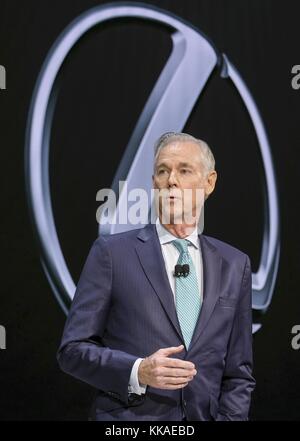 Los Angeles CA. 29th Nov, 2017. Los Angeles, California, USA. 29th Nov, 2017. Jeff Bracken, group vice president and general manager for Lexus, introduces a new RX350L during media preview days at the 2017 Los Angeles Auto show on Nov. 29, 2017 in Los Angeles. The LA Auto Show opens to the public on Dec. 1 and runs through Dec.10. Credit: Ringo Chiu/ZUMA Wire/Alamy Live News Stock Photo