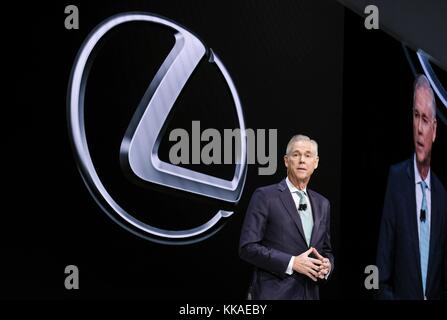 Los Angeles CA. 29th Nov, 2017. Los Angeles, California, USA. 29th Nov, 2017. Jeff Bracken, group vice president and general manager for Lexus, introduces a new RX350L during media preview days at the 2017 Los Angeles Auto show on Nov. 29, 2017 in Los Angeles. The LA Auto Show opens to the public on Dec. 1 and runs through Dec.10. Credit: Ringo Chiu/ZUMA Wire/Alamy Live News Stock Photo