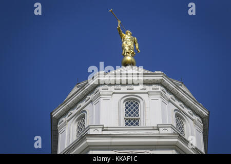 Nauvoo, Iowa, USA. 3rd Aug, 2017. The Angel Moroni figure, an angel who is believed to have visited Joseph Smith on multiple occasions, is seen at the top of the Nauvoo Temple in Nauvoo, Illinois, on Thursday, August 3, 2017. Credit: Andy Abeyta, Quad-City Times/Quad-City Times/ZUMA Wire/Alamy Live News Stock Photo