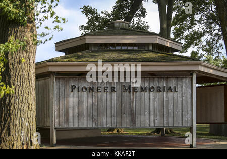 Nauvoo, Iowa, USA. 3rd Aug, 2017. The Pioneer Memorial shelter is seen alongside the Mississippi River in Nauvoo, Illinois, on Thursday, August 3, 2017. Credit: Andy Abeyta, Quad-City Times/Quad-City Times/ZUMA Wire/Alamy Live News Stock Photo