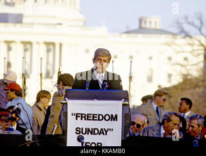 September 20, 2011 - Washington, District of Columbia, United States of America - United States Representative Jack Kemp (Republican of New York) speaks at the ''Campaign to the Summit'', a march on Washington, DC supporting freedom for Jews living in the Soviet Union, on Sunday, December 6, 1987. 200,000 people marched to focus attention on the repression of Soviet Jewry, was scheduled a day before United States President Ronald Reagan and Soviet President Mikhail Gorbachev began a 2 day summit in Washington where they signed the Intermediate Range Nuclear Forces (INF) Treaty.Credit: Ron Stock Photo