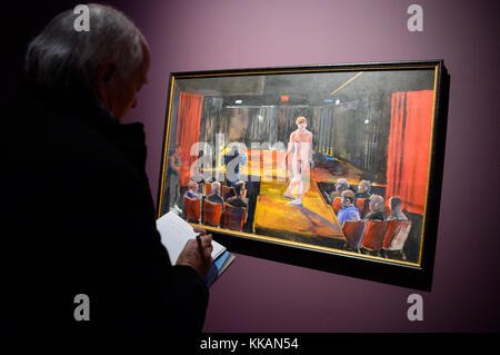 A visitor stands in front of the painting Remember the Promise You Made' (1980) during a press preview of the exhibition 'Patrick Angus. Private Show' at the Kunstmuseum ('arts museum') in Stuttgart, Germany, 30 November 2017. The exhibition presents paintings and drawings by US-American artist Patrick Angus from 2 December 2017 until 8 April 2018. The artworks deal with the queer life in New York and Los Angeles in the 1980s, inter alia. Photo: Sebastian Gollnow/dpa Stock Photo