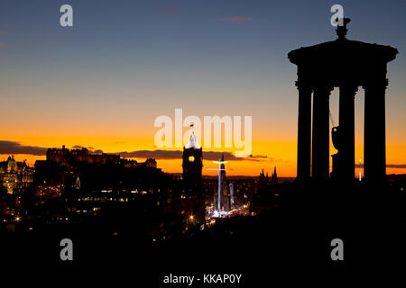 Edinburgh, UK, 30 Nov. 2017 chilly 3 degrees on St Andrew's Day afternoon approaching dusk, city viewed from Calton Hill Scotland. Stock Photo