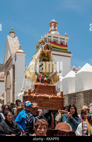Our Lady of Copacabana figure in the procession, Fiesta de la Virgen de la Candelaria, Copacabana, La Paz Department, Bolivia, South America Stock Photo