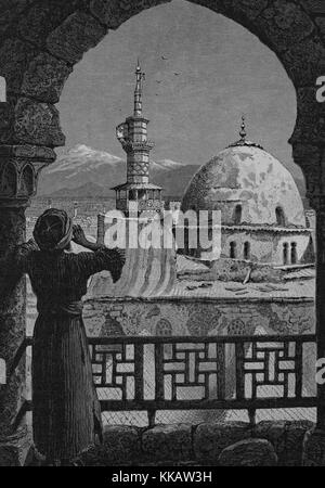 An engraving depicting a Mueddin chanting the call to prayer from the Minaret of 'Isa, which is part of the Great Mosque where Muslim tradition believes Jesus will appear on Judgement Day, Damascus, Syria, 1882. From the New York Public Library. Stock Photo