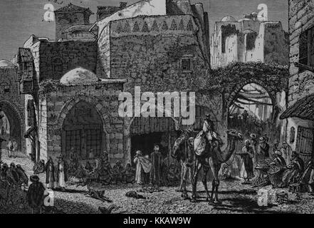 An engraving depicting a group of Bedouins outside of a cafe, Turkish soldiers eating breakfast, and a group of fruit and vegetable merchants all gathered on the street of the Damascus Gate, Syria, 1882. From the New York Public Library. Stock Photo