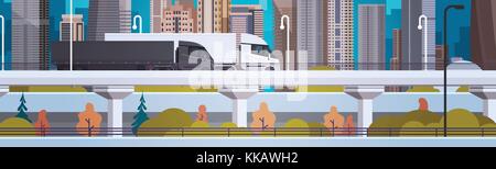 Highway With Semi Trucks Trailers Driving Over Modern City Buildings Horizontal Banner Stock Vector