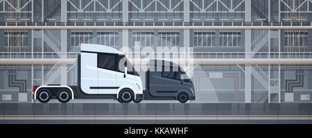 Semi Trucks Industrial Warehouse Interior Delivery Shipping Cargo Concept Stock Vector