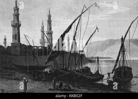 Wood engraving depicting shore with boats, people walking along the shore, minarets in the background, captioned 'Girgeh, from the mooring place on the south', from the book 'Picturesque Palestine, Sinai, and Egypt', by Sir Charles William Wilson, 1882. From the New York Public Library. Stock Photo