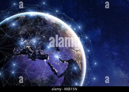 Communication network around Earth used for worldwide international connections for finance, banking, internet, IoT and cryptocurrencies, fintech conc Stock Photo