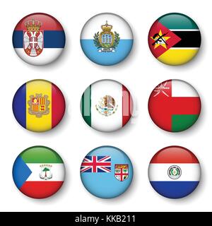 Set of world flags round badges ( Serbia . San marino . Mozambique . Andorra . Mexico . Oman . Equatorial Guinea . fiji . Paraguay ) . Stock Vector