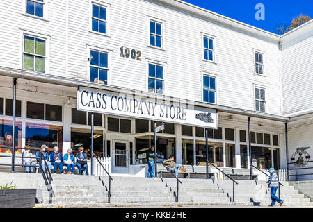 Cass, USA - October 18, 2017: Sign for Cass Company store entrance with many people tourists in autumn in West Virginia Stock Photo