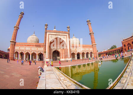 DELHI, INDIA - SEPTEMBER 27, 2017: Unidentified people walking near of the artificial pond in front of a beautiful Jama Masjid temple, this is the largest muslim mosque in India. Delhi, India, fish eye effect Stock Photo