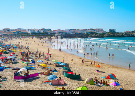 BALEAL, PORTUGAL - JUL 30, 2017: Crowded ocean beach in a high peak season. Portugal famous tourist destination for itâ€™s ocean beaches. Stock Photo