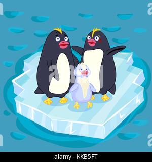 Fun color children's vector illustration . A family of Arctic penguins on the ice. Mother penguin. Papa penguin. Chick penguin. Characters. Stock Vector