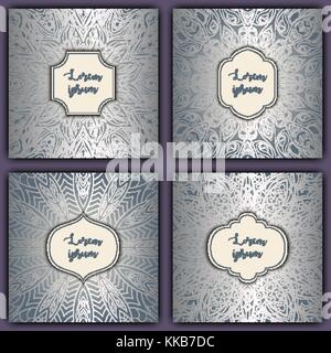 Set of mandala background cards. Vintage luxury glowing elements. Vector decorative retro greeting card or invitation design. Stock Vector