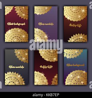 Card set with floral glowing decorative mandala elements background. Asian Indian oriental ornate banners. Stock Vector
