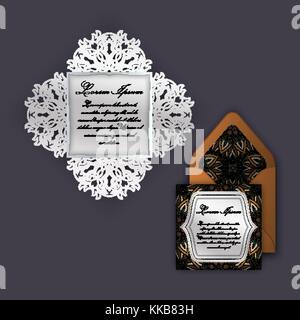 Wedding invitation or greeting card with vintage floral ornament. Paper lace envelope template, mock-up for laser cutting. Vector illustration. Stock Vector
