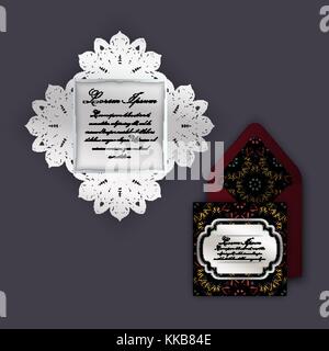 Wedding invitation or greeting card with vintage floral ornament. Paper lace envelope template, mock-up for laser cutting. Vector illustration. Stock Vector